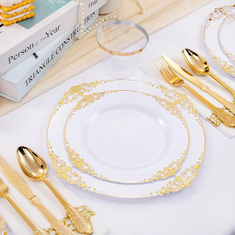 350PCS White and Gold Plastic Plates & Gold Plastic Silverware&Disposable Dinnerware Set-Include 50Dinner Plates