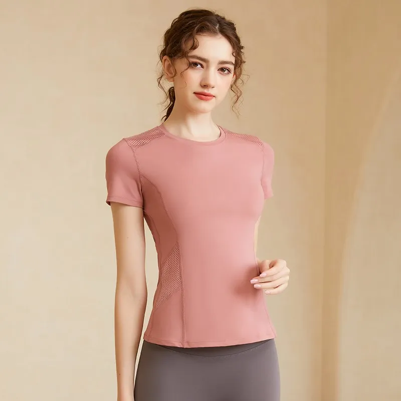 Women Mesh Breathable Yoga Shirt Sport Tops Workout T-shirts Gym Fitness Tops Running Short Sleeve Soft Comfortable Slim Tee