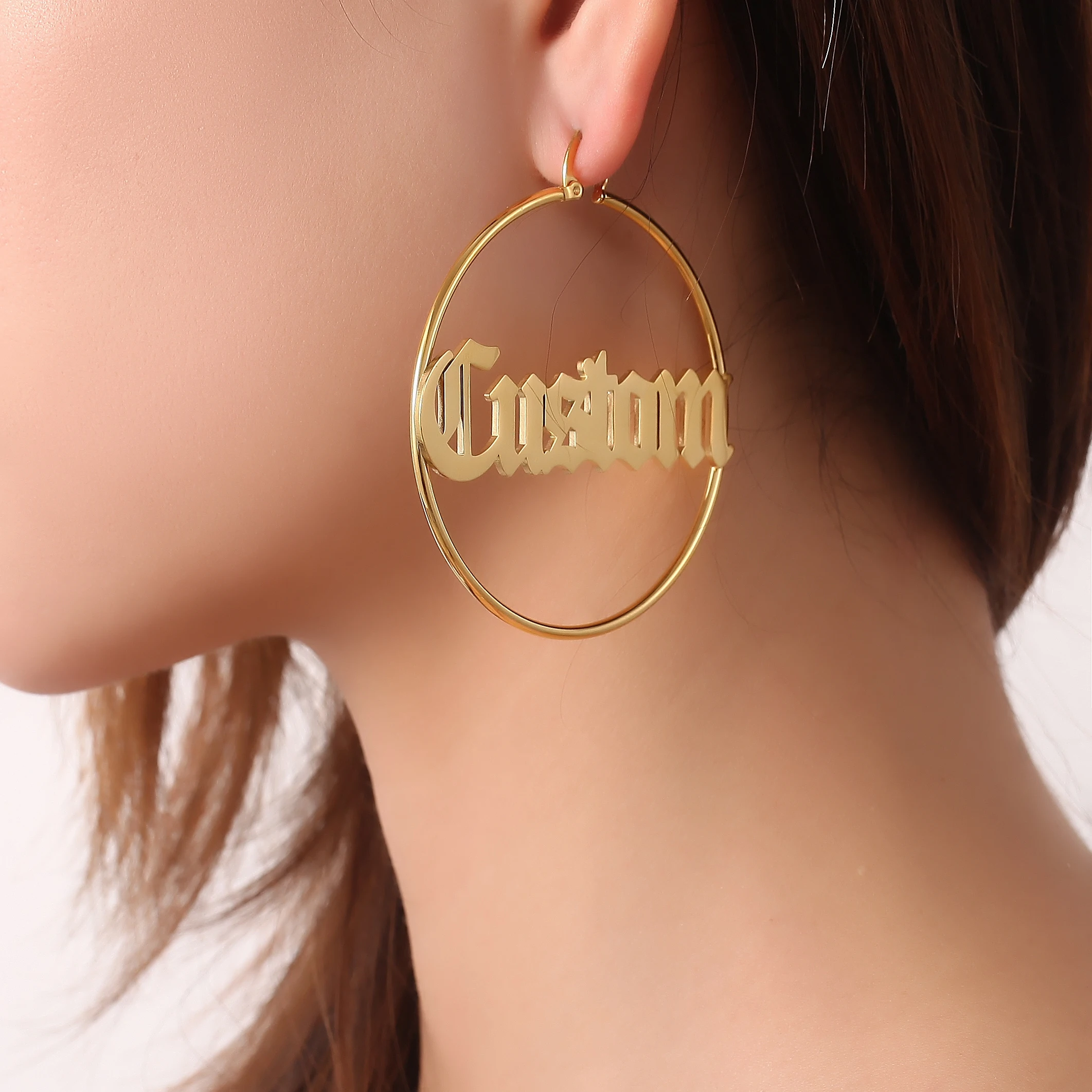 Custom Name Hoop Earrings Personalized Name Jewelry For Women Stainless Steel Old English Earrings Birthday Gift