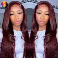Perruque Lace Frontal Wig naturelle Remy, cheveux lisses péruviens, 13x6, bordeaux foncé 99J, pre-plucked, 180% 2