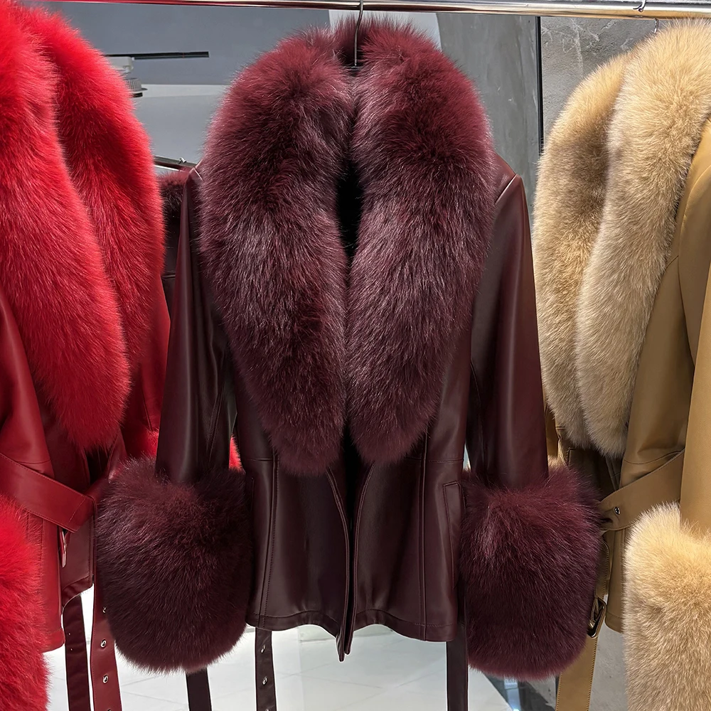 YOLOAgain Real Fox Fur Collar Genuine Leather Jacket Women