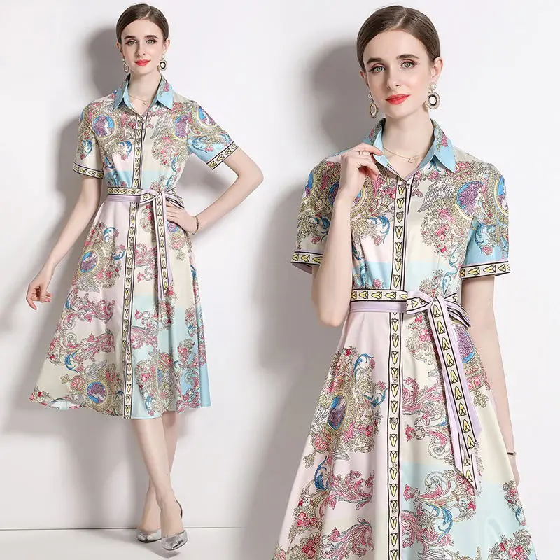 

New Occident Ethnic Gentle Women Short Sleeve Summer Casual Dresses Feminino Single Breasted Bandage Corest Skinny Glam Vestidos