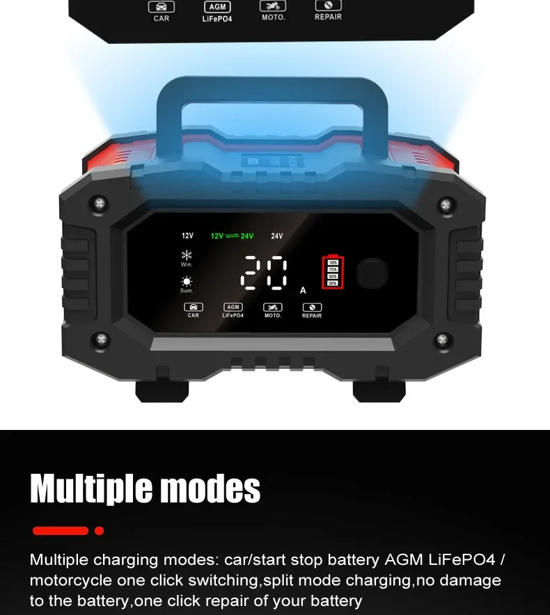 EAFC 20A/10A 12V/24V Autobatterieladegerät Vollautomatisches Batterieladegerät Pulsreparatur für Agm Gel Nass Blei Säure Lifepo4 Batterie – Detail 10