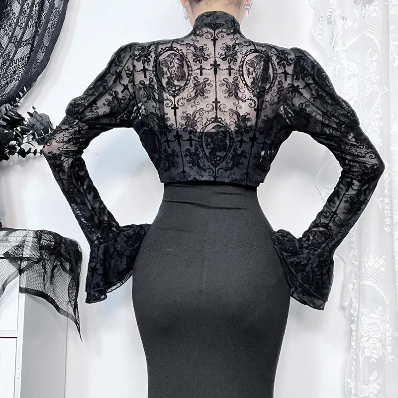 Goth Dark Women Elegant Flocking Crop Cardigan Coats Y2K