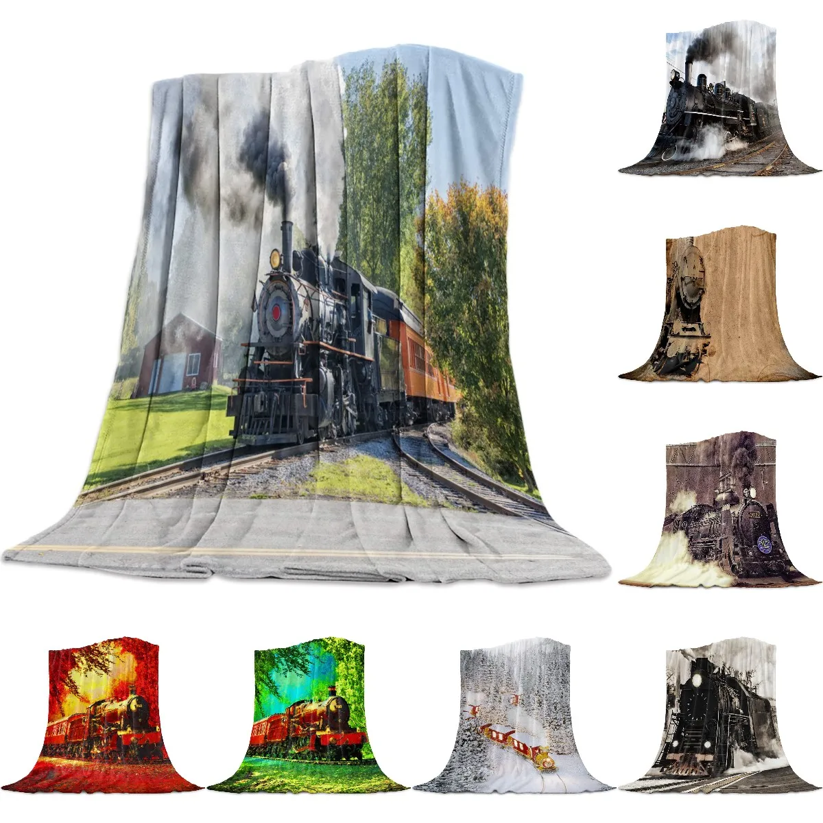 Steam Train Smoke Landscape Retro Flannel Blanket For Bed Sofa Portable