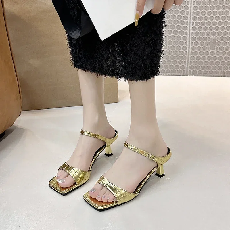 Women's Slippers Buckle Strap Women High Heels Summer Fashion European and American Square Toe Women's Shoes Zapatos De Mujer