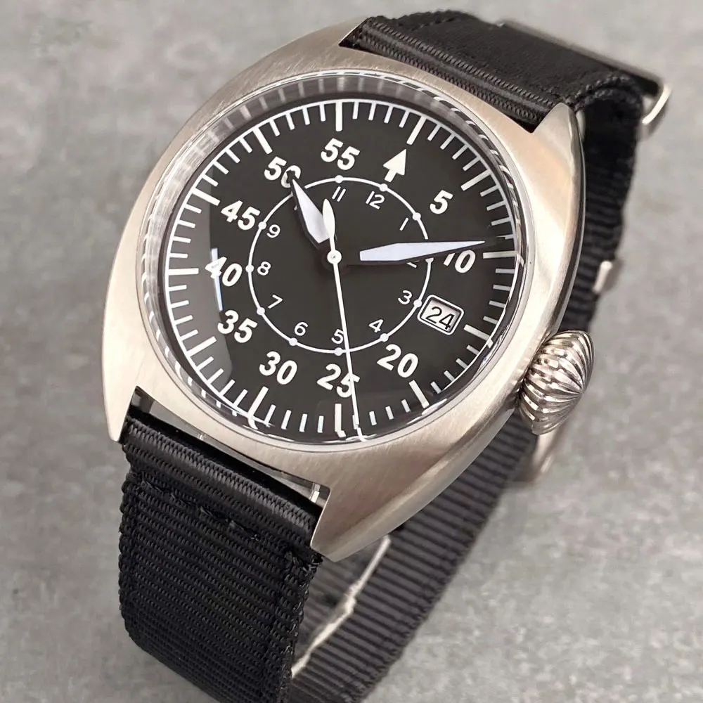Tandorio Pilot 39mm Orologi da campo automatici Uomo Cupola Cristallo di zaffiro NH35AA PT5000 Mano bianca Lume Nologo Quadrante 200m Impermeabile  1511
