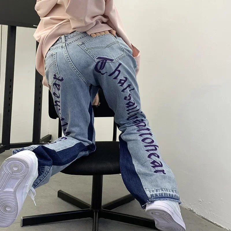 

Y2k Gothic Letter Embroidery High Waist Casual Panelled Color Jeans Women 2024 Hip Hop Vintage Chic Washed Denim Pants Harajuku