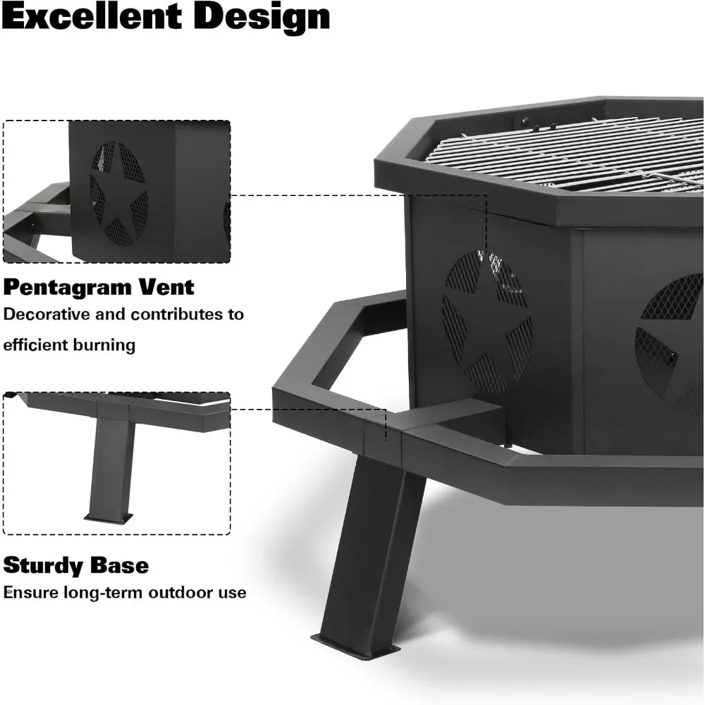 35 Inch 2 in 1 Fire Pit with Grill, Large Wood Burning Fire Pit with Cooking Grate, Octagonal Outdoor Firepit