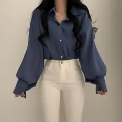 2023 New Spring and Autumn Fashion Simple Solid V-Neck with Bubble Sleeve Inner Style Commuter Loose Women's Casual Shirt
