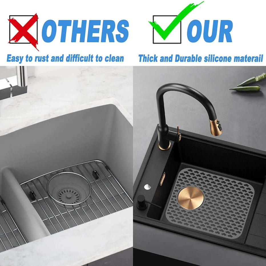 Gray Non-Slip Sink Protector Mat With Drain Hole Kitchen Sink Mats