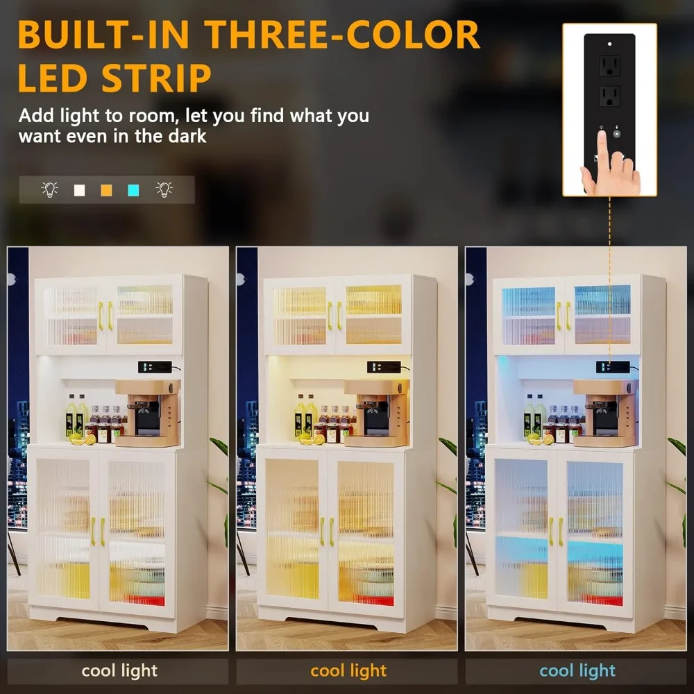 67" LED Storage Cabinet with Charging Station, Sockets & USB Ports For Kitchen Pantry, Microwave Hutch, Buffet Sideboard 4