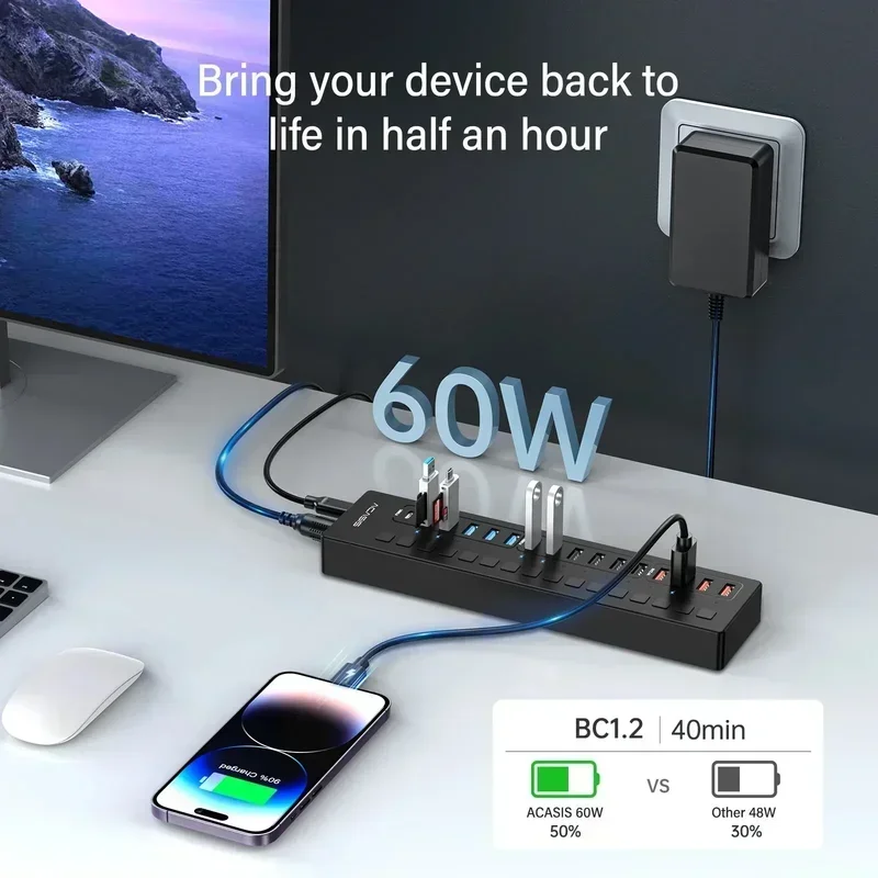 Acasis 16 ポート マルチ USB ハブ パワード スプリッター ソケット