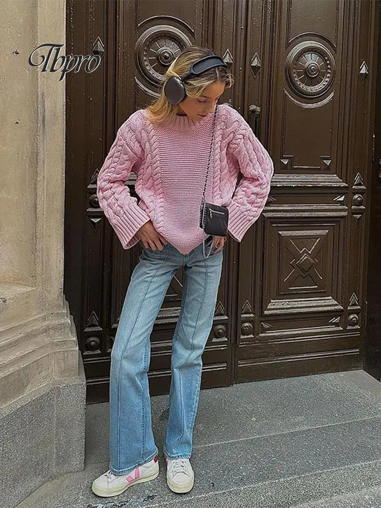 

Pink Sweet Knitted Sweater Woman Elegant Long Sleeve Fashion Pullover 2023 Autumn Winter Chic Casual Female Office Knitwear Top