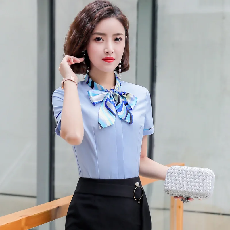 

IZICFLY New Summer Bow Style Blue Shirts For Women Formal Office Interview OL Slim Top Blouses Elegant Fashion Ladies Work Wear