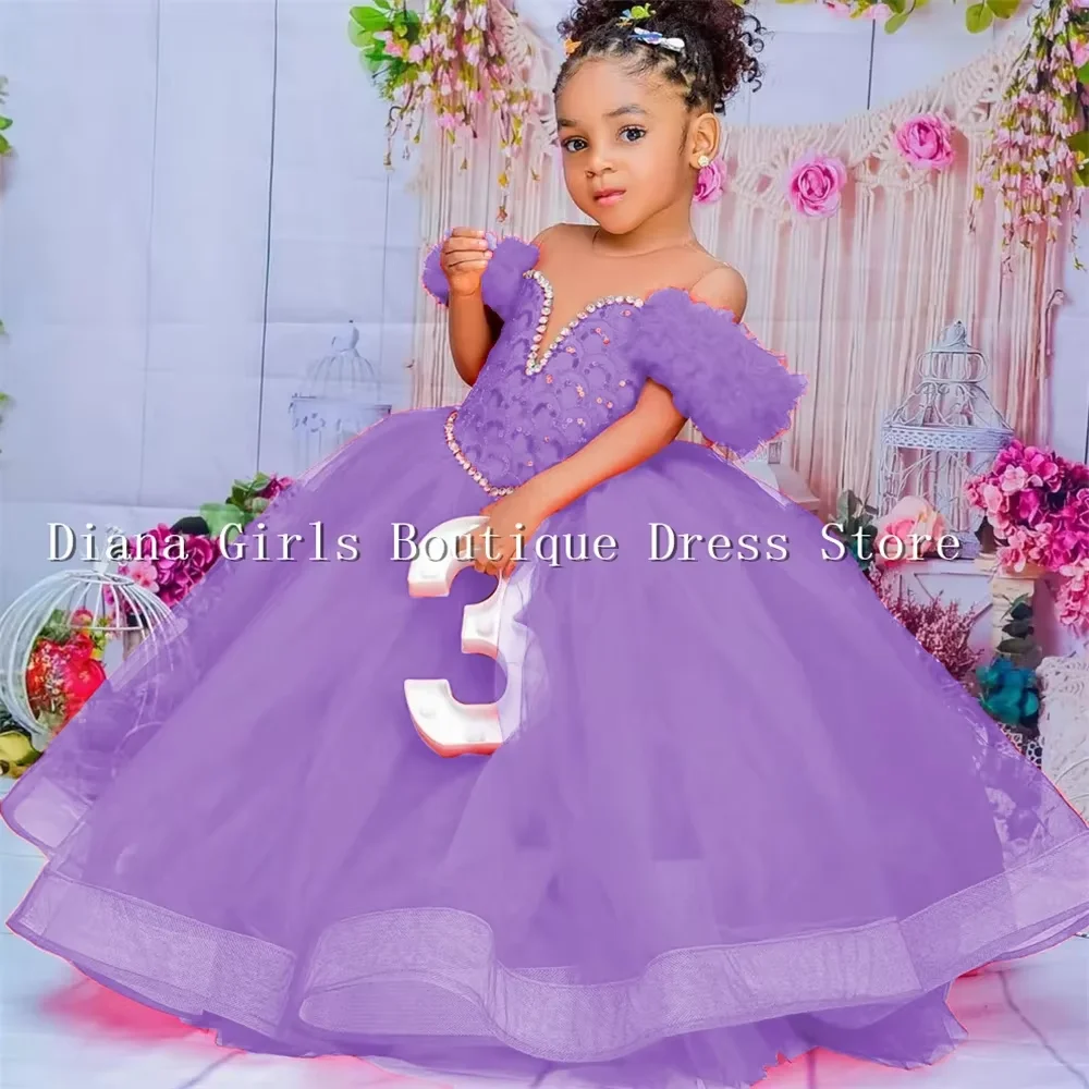 Ball Gown Purple Dress Myer Luxury Red Flower Girl Dress Sheer Neck Pleated  Ruffles Tiered Tulle