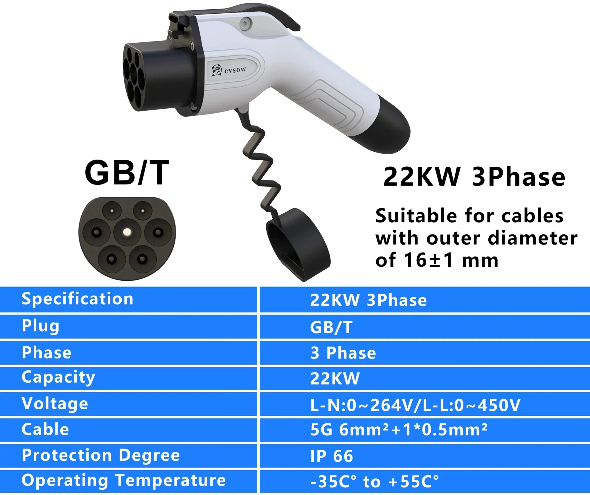 evsow GBT Charging Plug 22KW 32A 3 Phase EV Charger Adapter For GBT Electric Car Charger Plug EV For Vehicle Device ev charger
