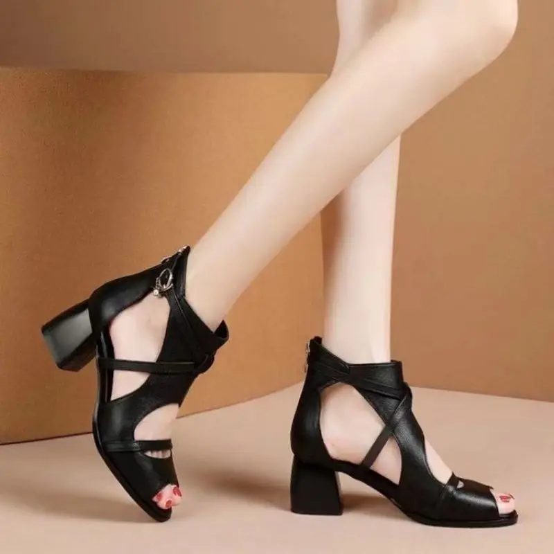 

Summer Sandalias De Mujer 2023 Roman Shoes Fish Mouth Thick Heel Open Toe PU Sandals Sapatos Feminino Chaussures Escarpins Femme