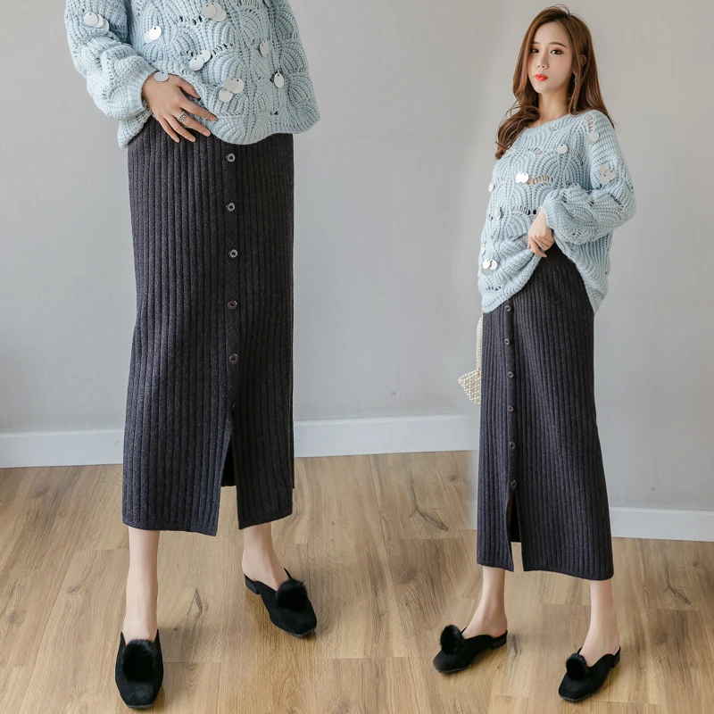 Korean Style Autumn and Winter Pregnant Women's Knitted Skirt Front Split Button Fly Maternity Straight Skirts Pregnanct Clothes