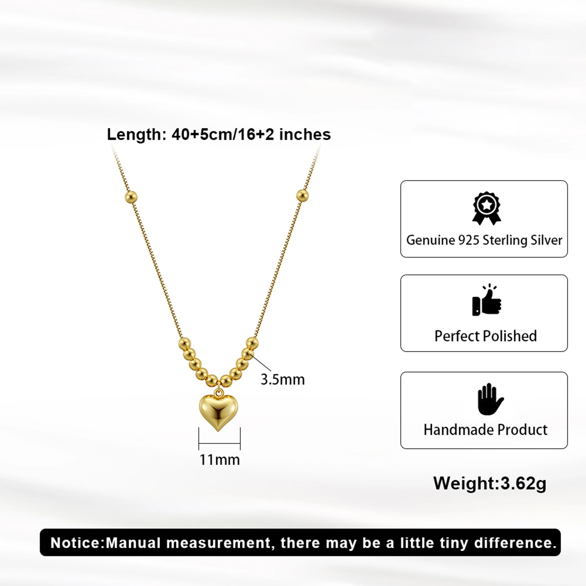 925 Silver Heart Pendant Necklace – 14K Gold Plated with Dainty Snake Chain & Sparkling Beads