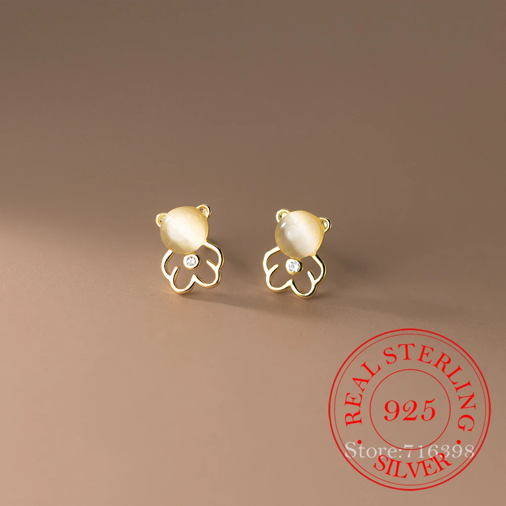 Pendientes de tuerca de Oso de Cristal de plata de ley 925 para mujer y niño, joyería chapada en oro de 14K para fiesta de boda, regalo