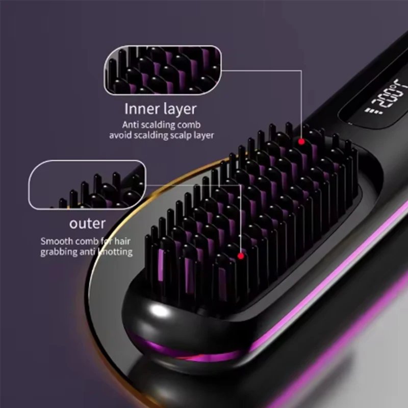 Electric LCD Usb Ceramic Heating Straight Hair Comb Wireless Portable Negative Ion Styling Tool Rechargeable Straightening Brush