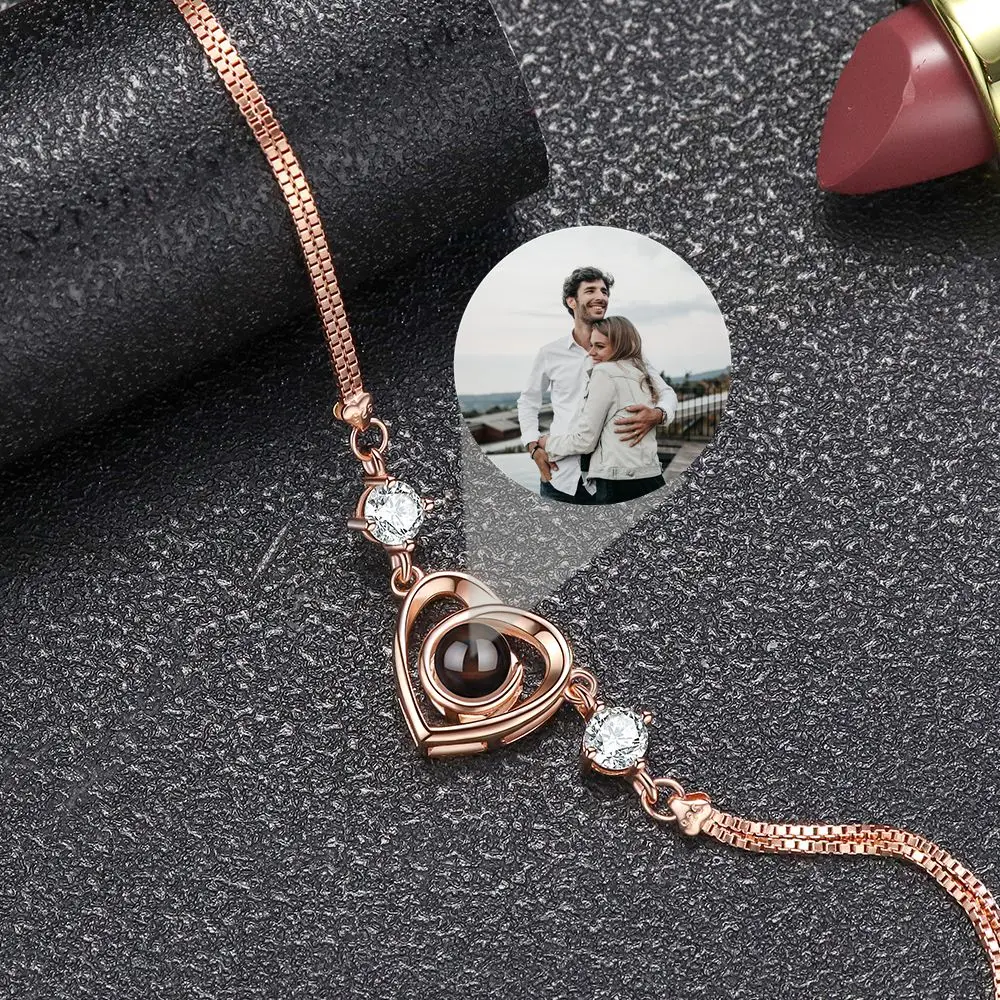 Personalized Projection Photo Bracelet Custom Photo Bracelet for Women Girlfriend Heart Pendant Jewelry Birthday Memorial Gift