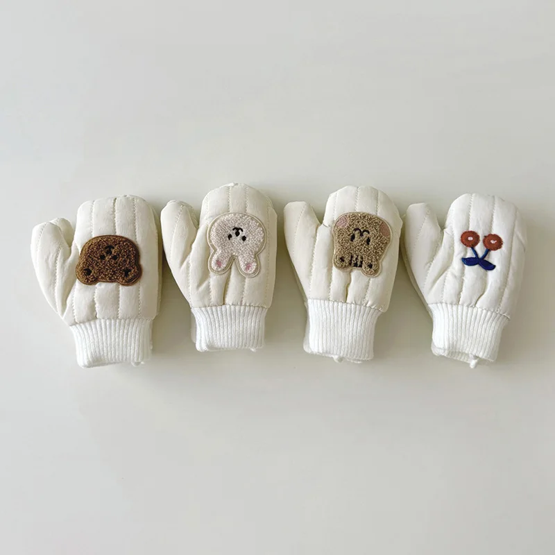 Thick Velvet Baby Fingerless Gloves Winter Children Hanging Neck Glove Cute Bear Plush Mittens 1-4year