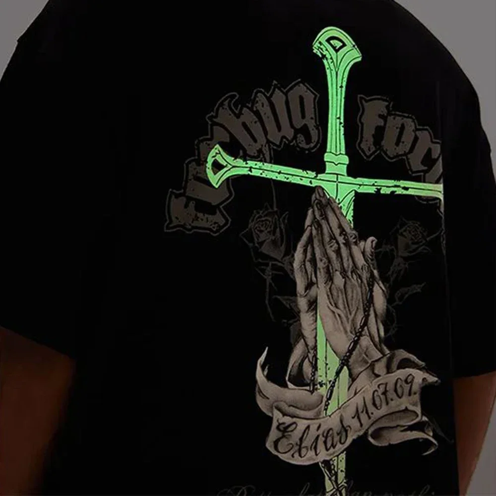 

Mens Y2k Luminous Cross Cotton T-shirt 2024 Summer Daily Casual Harajuku Streetwear Sword Print Short Sleeve Mens Tops