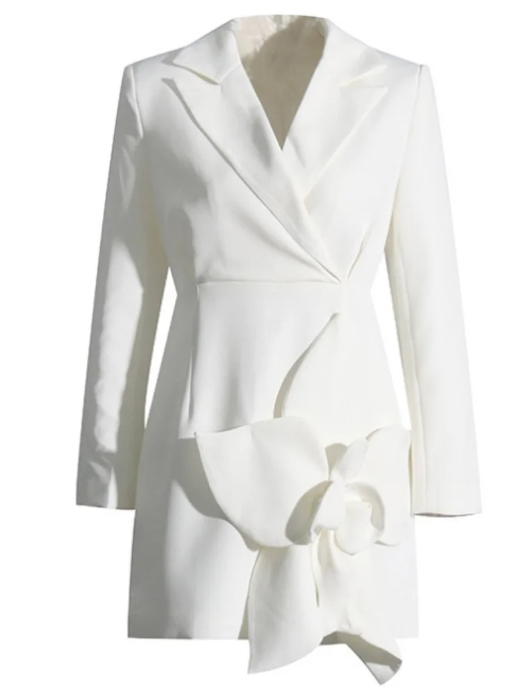 

LXUNYI Ladies Three-dimensional Flower Blazer Dress Women White Fashion Long Sleeve Turndown Collar Slim Formal Dress Elegant