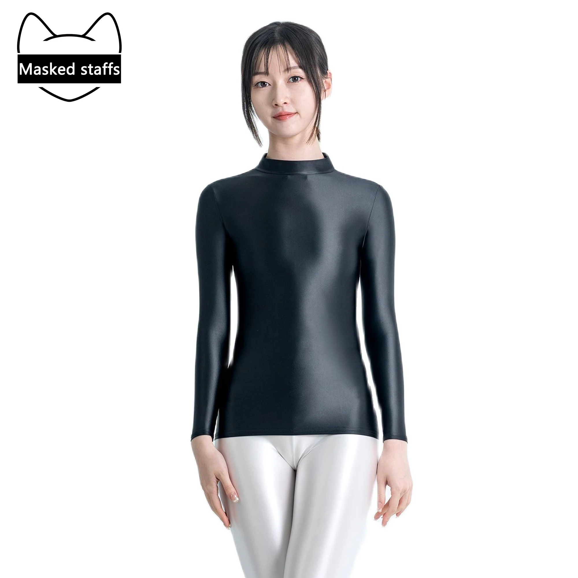 

MASKED STAFFS Silk Satin Glossg Top Elastic Oil Gloss Silk Smooth Bottom Top high neck Long Sleeve Tight Color skin Top MJINM