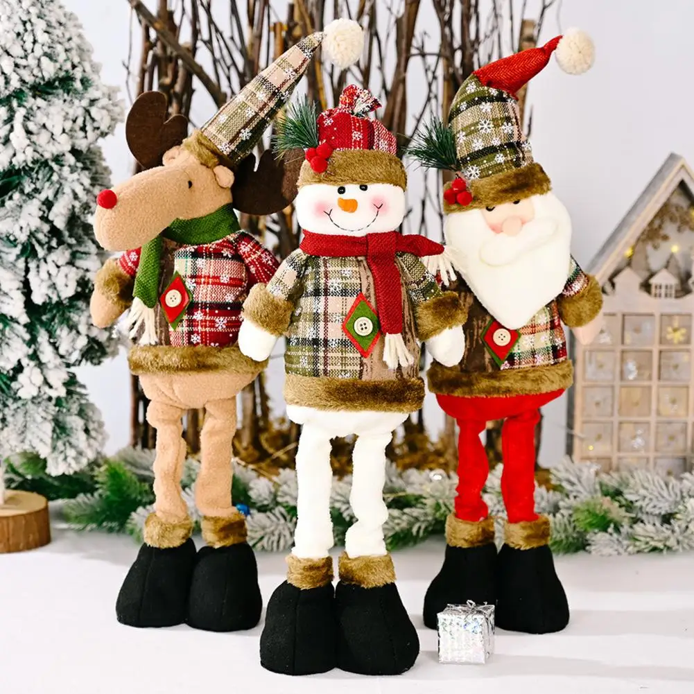 

Snowflake Plaid Cloth Christmas Doll Figurine Decor Telescopic Legs Soft Reindeer Xmas Doll Home Decoration Holiday Ornament