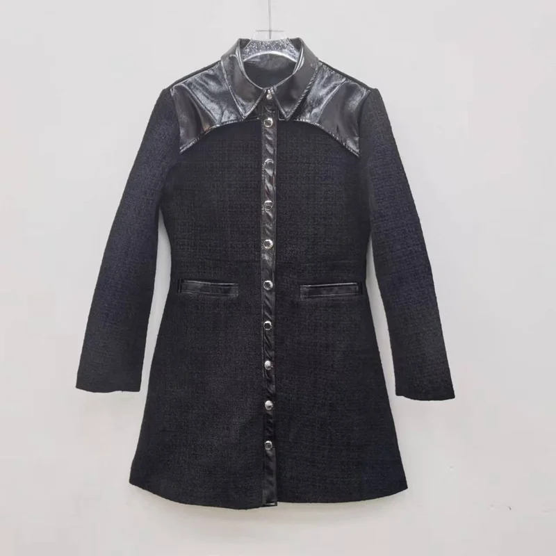 

Women's Dresses Lacquer Leather Patchwork Tweed Single Breasted OL Autumn New Ladies Turn Down Collar Long Sleeve Mini Robe