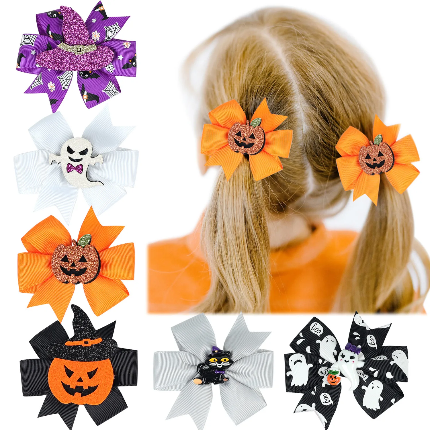

New Halloween Bow Hair Clip for Girls Pumpkin Head Witch Hat Swallowtail Bow Knot Hairpins Party Costume Hair Accessories