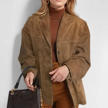 Vintage Brown Blazer Women Jacket Autumn Winter Fashion