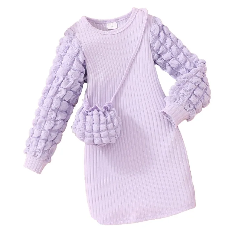 

Autumn Long sleeved Bubble Sleeve Pit Striped Bag Solid Color Dress for Primary and Secondary School Children