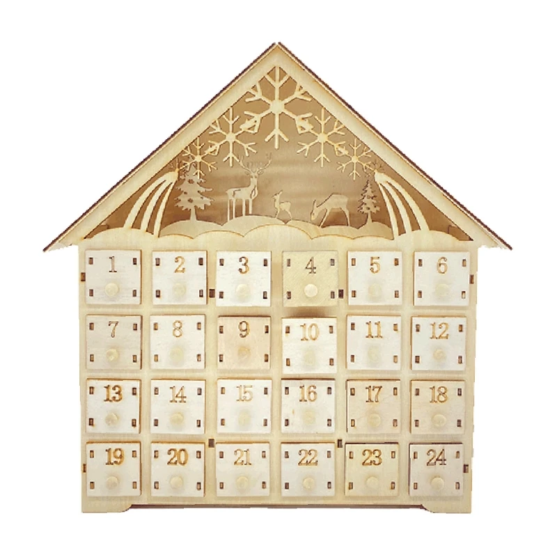 

Elk Wooden Christmas Countdown Calendar LED Lighted Wood House Xmas Party Decor Advent Calendar 24 Storage Drawers