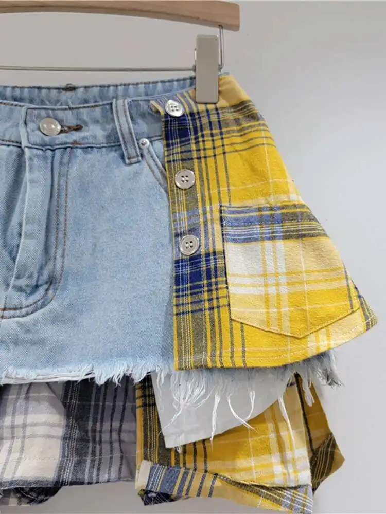 DEAT Women's Denim Skirt Colored Plaid Patchwork Irregular