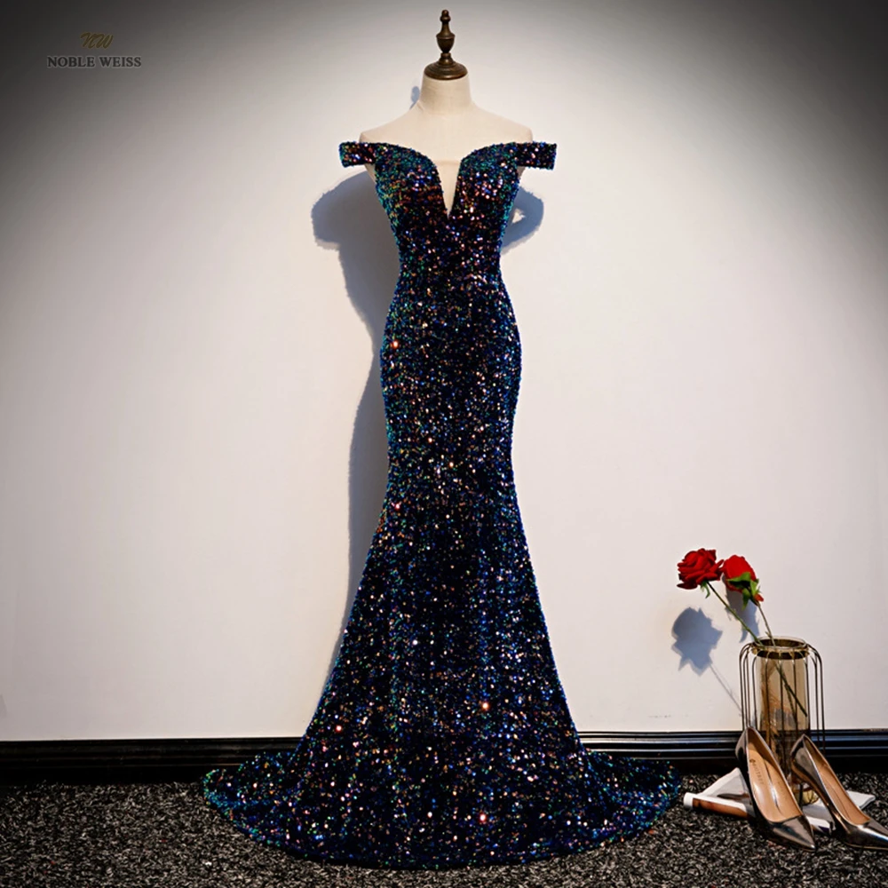 Dresses Woman Party Night Boat Neck Floor-Length Evening Dresses Sequined Prom with Train Customized