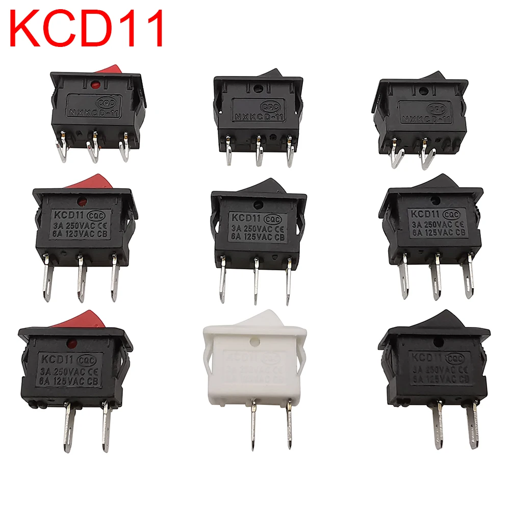 KCD11 푸시 단추 스위치, SPST 2 핀, 3 핀, 3A, 250V, AC 스냅인 온/오프 로커 스위치, 10mm x 15mm, 블랙 레드 및 화이트, 5 개 