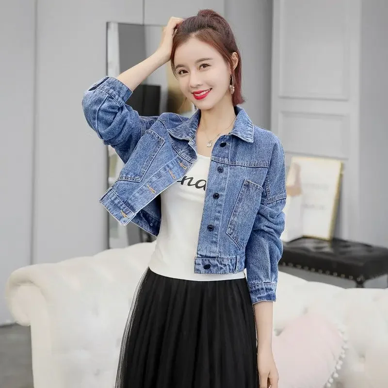 Veste en jean pour femme, manteau en jean bleu, court, petit, noir