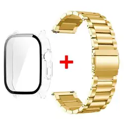 Tempered Glass Protective Shell with Stainless Steel Metal Band Bracelet for Realme Watch 5 (Clean - Gold)