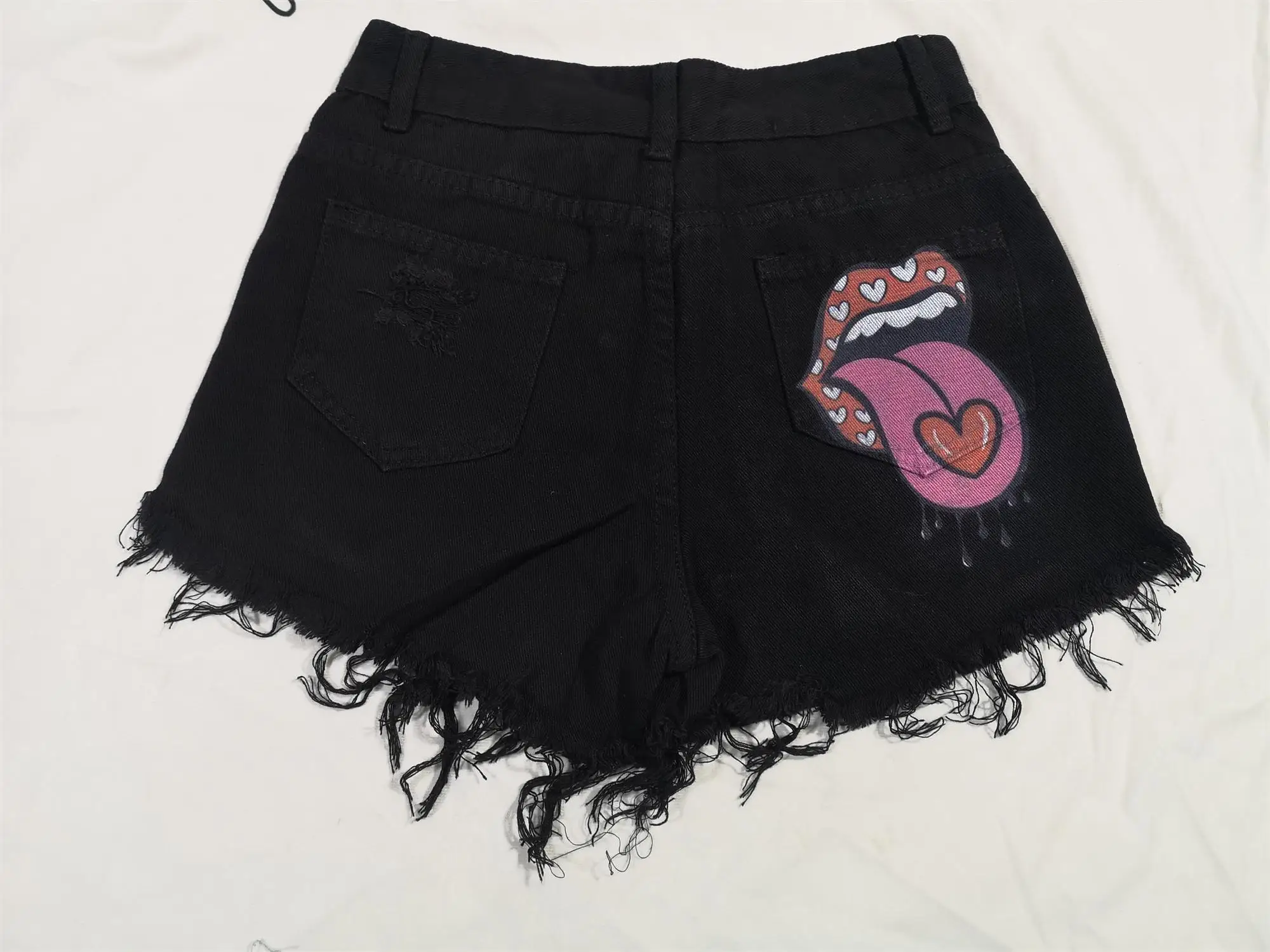 bape shorts Hot summer women's shorts pockets, printed pattern, big stone love, ripped raw shorts INS influencer high waisted shorts