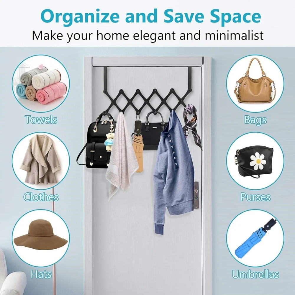 Accordion Wall Hanger with 4/6 Hooks, Wooden Wall Expandable Coat Rack for Coat, Hats, Baseball Caps, Coffee Mug(Black)