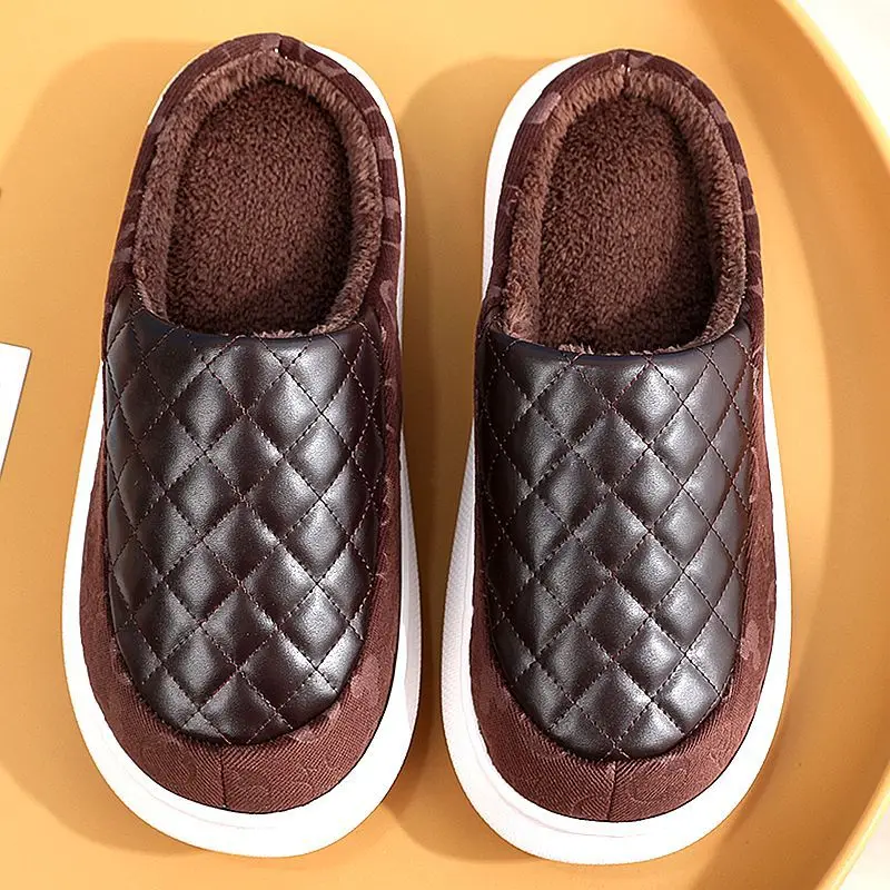 

Waterproof Leather Slippers Men's Clog-Black Slipper Fashion Lattice Non-slip Mute Thick Bottom Couple Home Cotton Shoes Slipper