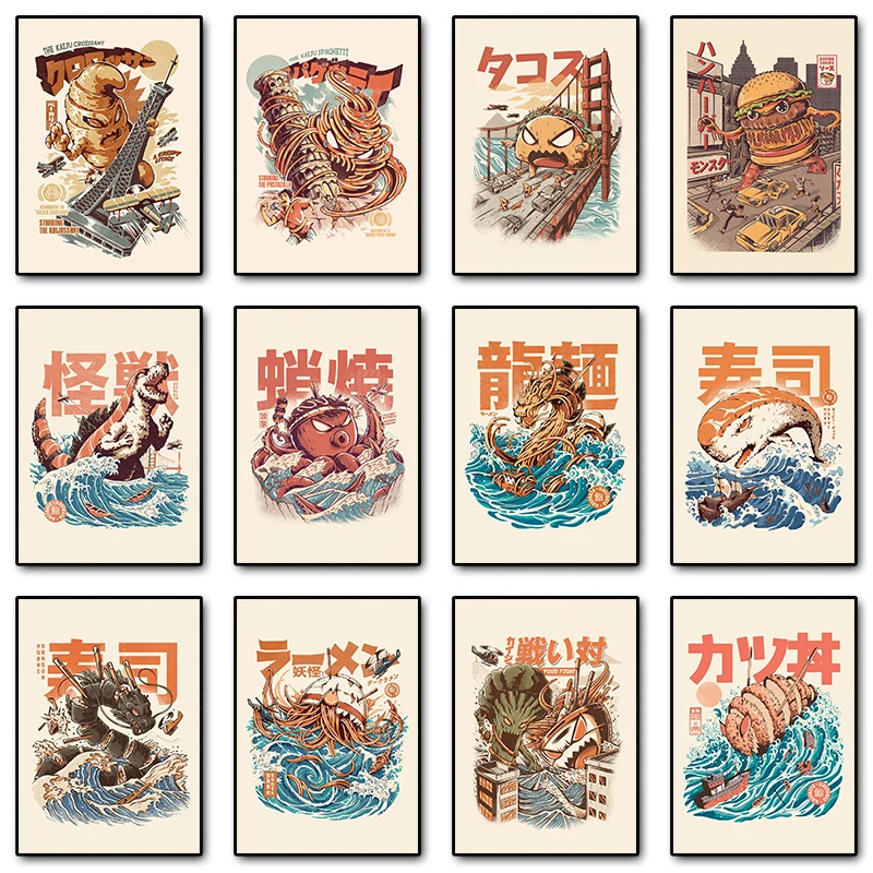 Vintage Japanese Kaijus Food Art Canvas: Sushi, Ramen, and Burgerzilla Poster