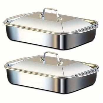 Extra Large Stainless Steel Baking Tray with Lid - Non-Stick Oven Pan for BBQ, Buffet & Holiday Baking 2