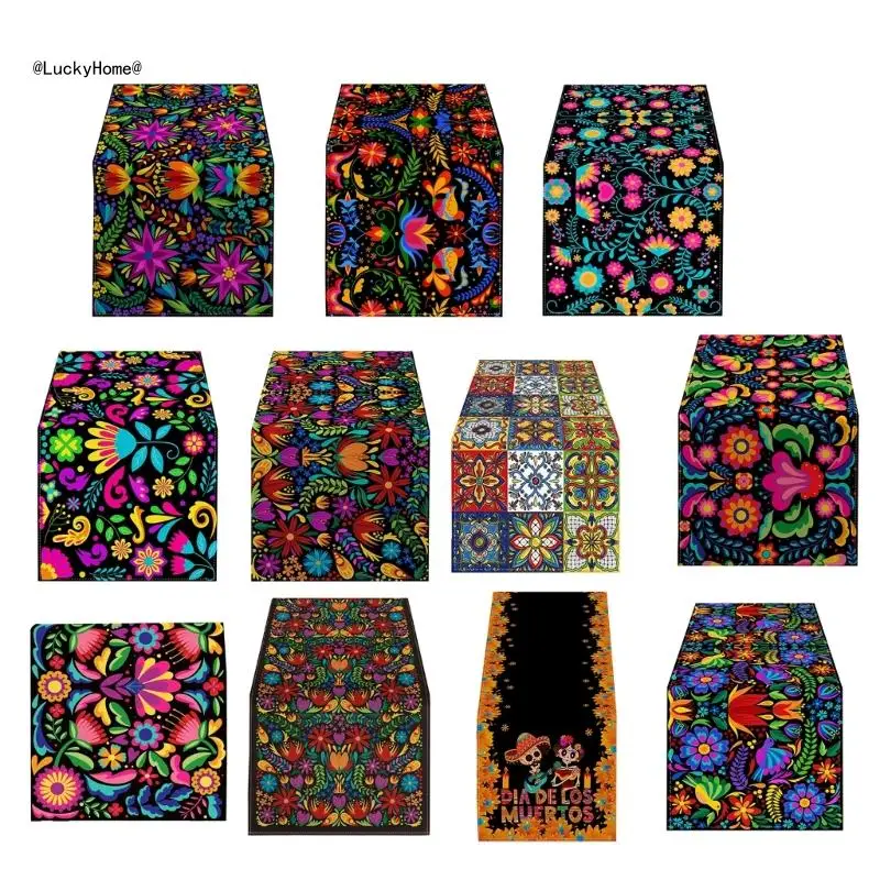 

11UA Halloween Table Runner Mexico Skull Flower Tablecloth Festival Party Decoration