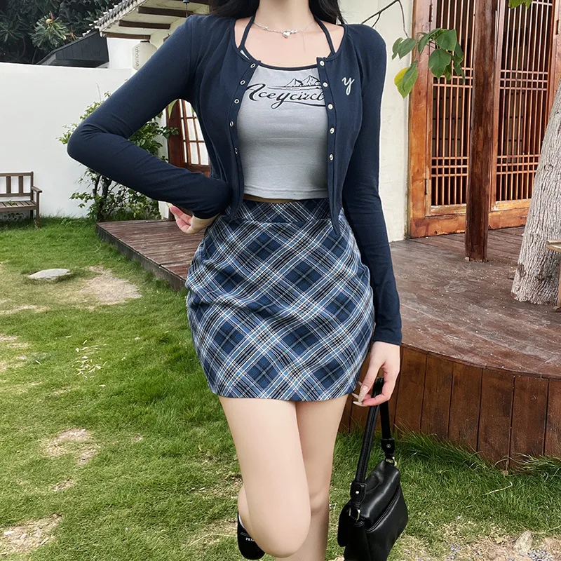 

Korean Chic Preppy Style Autumn Knitted Crop Cardigan+ Halter Tank Top+ Plaid Mini Skirt Women Casual Y2K 3 Pieces Sets