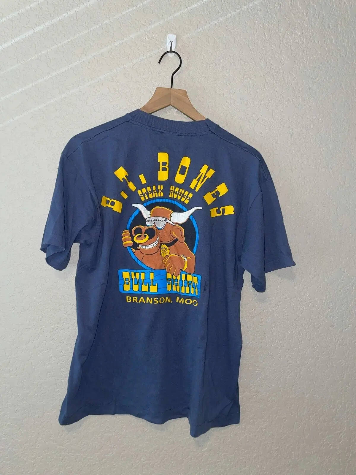 Anni '90 Vintage Bt Bones Steak House Bull Shirt Branson Mo Blue Single Stitched Shir Maniche Lunghe